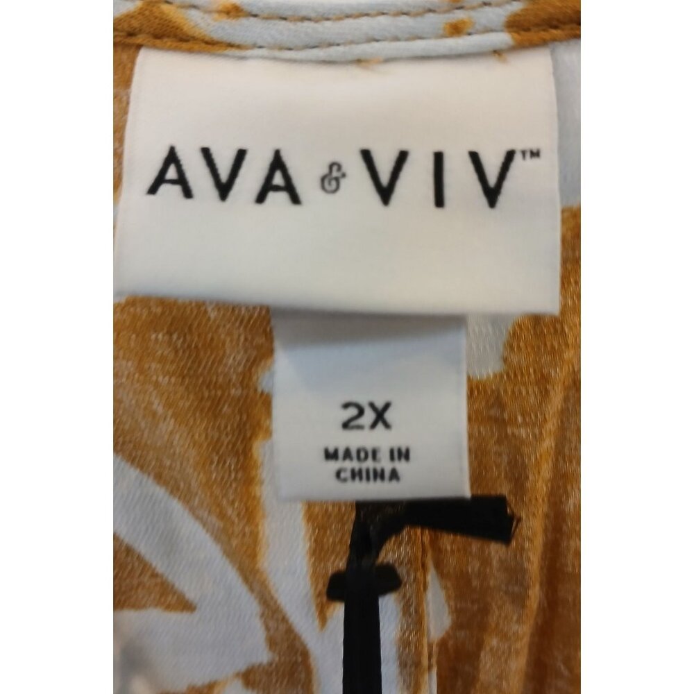 Ava & Viv Womens Floral VNeck Midi Dress 2X Gold White Lightweight Pockets #D-31 - Picture 3 of 8